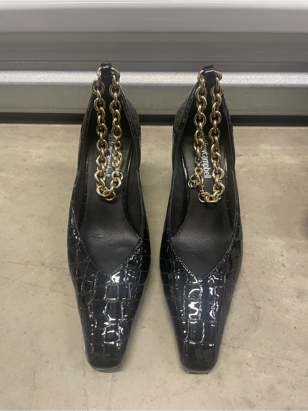Jeffrey Campbell Black Patent Croc Slingback Pumps with Gold Chain